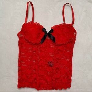 Exposed by Magic Silk Cherry Red Lace Lingerie Bustier Corset Top with Black Bow